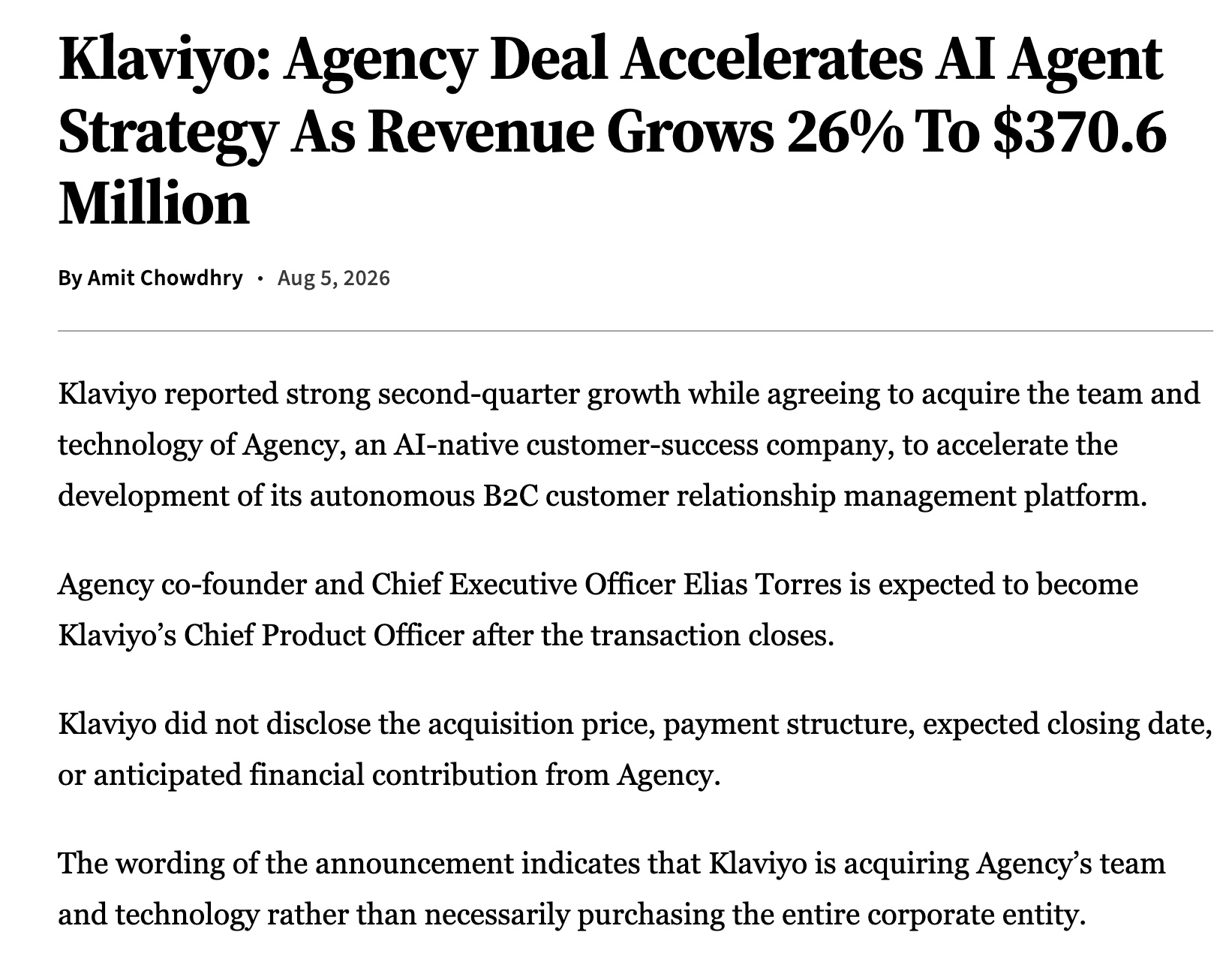 News coverage: Klaviyo agency deal accelerates AI agent strategy as revenue grows 26% to $370.6 million